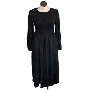 Black Smocked Bodice Tiered Maxi Dress Long Puff Sleeve Textured Floral‎